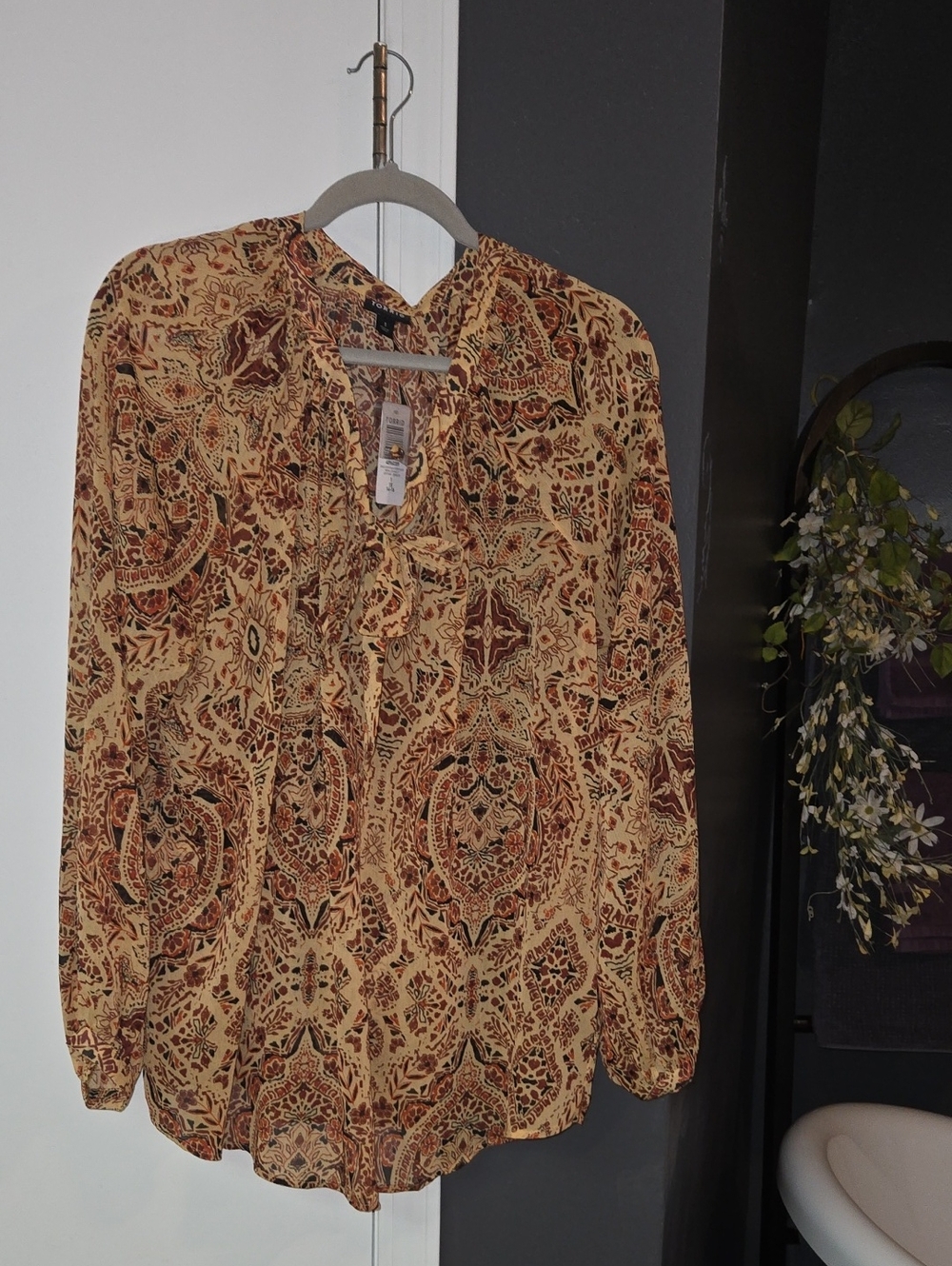torrid Cream and Brown Paisley Tie-Neck Blouse